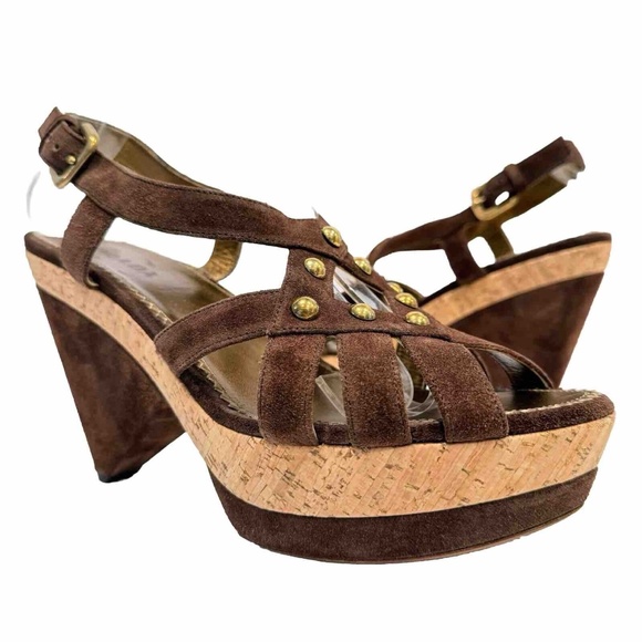PRADA Slingback Platform Sandals Brown Studded Suede Cork Heels Shoes Sie 40 10 - Picture 1 of 14